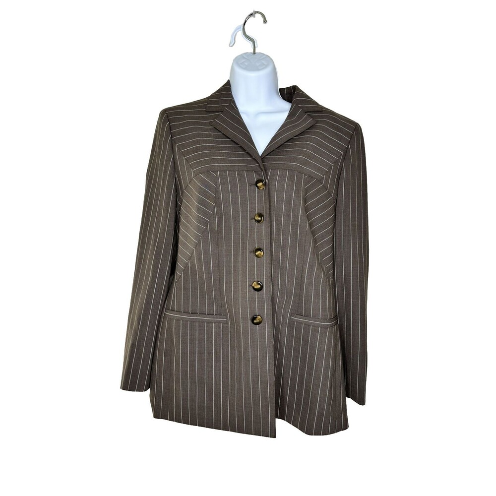 Vtg ESCADA Sz 38 Pinstripe Brown Suit Blazer 5 button front pockets Sz 8 US
